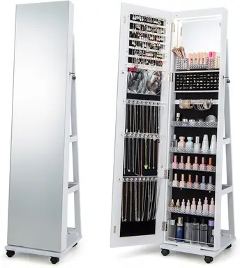 Costway Lockable Jewelry Cabinet Armoire with Built-in Makeup Mirror and 3-Color LED Lights-White
