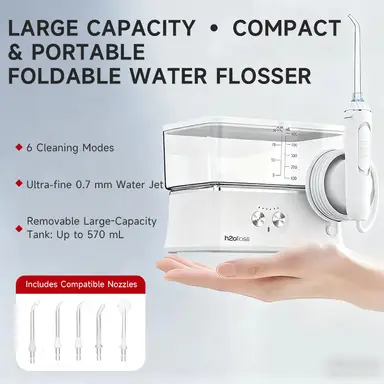 H2ofloss Portable Water Flosser, 6 Modes, 5 Spray Heads, 2500mAH Battery, 570ml Water Tank, IPX7 Waterproof, White