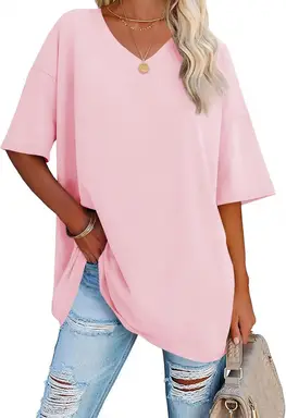 Women's Oversized Tshirts V Neck Tee Shirts Half Sleeve Loose Fit T Shirt Cotton Tunic Tops 2025 (Pink, L)