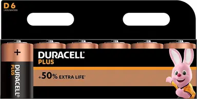 DURACELL Plus Power D Size Alkaline Batteries +100% Life - 6 Pack