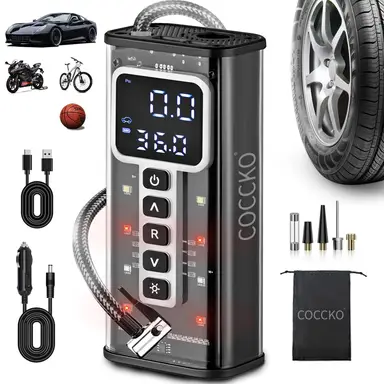 COCCKO Kabelloser Car-Tire-Inflator mit 150-PSI, tragbarer Luftkompressor für Reifen, LED-Beleuchtung und automatischem Abschaltung, geeignet für Elektrofahrrad, Auto, Motorrad, Fahrrad und Ballonpumpe