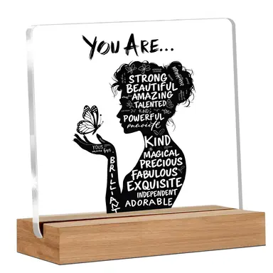 Alphynix 1pc "YOU ARE..." Acrylic Plaque, Wood Base Stand with Female Silhouette Holding Butterfly Design, Filled with Positive Affirmations (STRONG, BEAUTIFUL, MAGICAL), Inspirational Desk Decor for Women