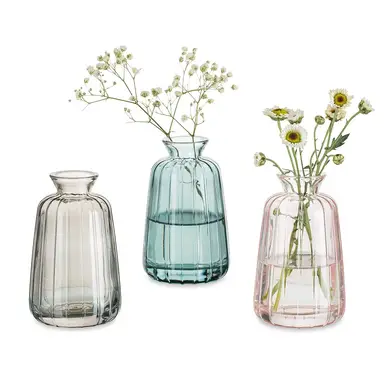 Vasen für Blumen Kleine Vase für Tischdekoration, 3er-Set Vintage Knospenvasen Farbige gerippte Mini-Vasen für Kawaii-Wohnzimmerdekor Schlafzimmer Hochzeits-Mittelstücke