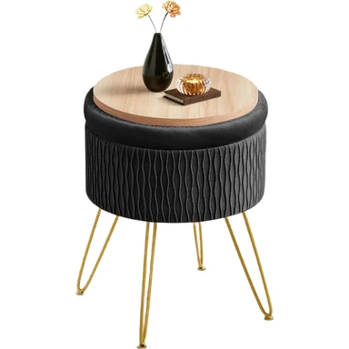 Ckaff Round Stool with Storage Space, Stool Dressing Table with Storage Space, Dressing Stool Velvet Footstool Ottoman Padded Stool Removable Cover Metal Support for Living Room Bedroom Black