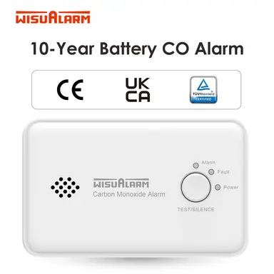 WISUALARM Carbon Monoxide Detector, 10-Year Battery Life, with Test/Silence Button, Conforms to EN 50291 Standard