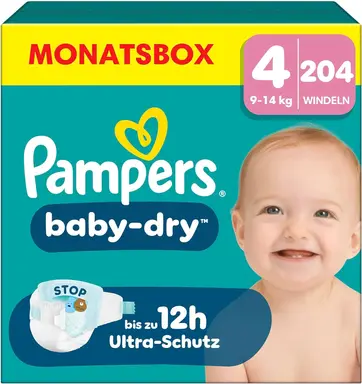Pampers Baby Dry Größe 4 Maxi 9-14kg Monatsbox 204 Stück