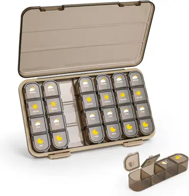 Pill Organizer 4 Times A Day, Pill Box 4 Times A Day 7 Day - GAONLY Weekly Medicine Box Organizer with Separate Case, Portable Daily Pill Container Dispenser for Vitamin, Fish Oils, Supplements,Brown