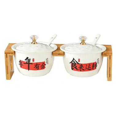 Chinese Style Ceramic Canister Set, White Porcelain Storage Jars with Bamboo Tray for Kitchen Countertop
2-Piece White Ceramic Seasoning Jar Set with Wooden Tray, Red and White Calligraphy Design