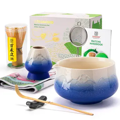 TEANAGOO 7-teiliges Matcha-Set, Blaues Matcha-Besen-Set, Zeremonie Matcha-Pulver Kit, Matcha-Teeset für die Zubereitung von Latte, Matcha-Besen-Set und Schale mit Löffel & Sieb, Fuji-Design Keramikschale, Geschenk für Matcha-Liebhaber, Neujahrsangebot, Top-Geschenkempfehlungen