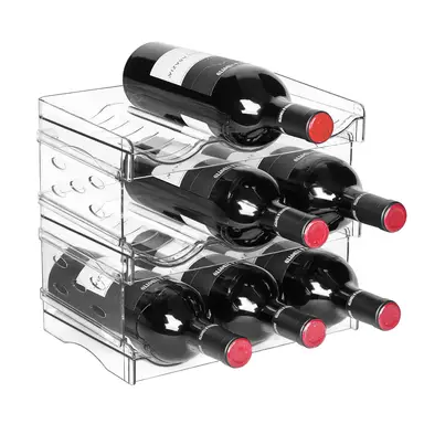 Boxedhome Plastic Wine Rack, 3-Layers-9-Bottles-Transparent, Assemble, Wine Bottle Organizer Rack for Wine Soda Bottles and Thermos