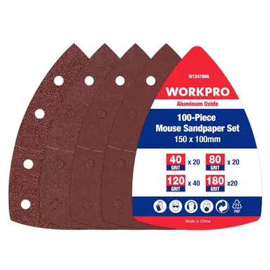 WORKPRO Pack of 100 Sandpaper Triangle Sanders, Velcro Sanding Sheets Delta 105 x 152 mm Set for Multi Sanders, Triangle Sanders, Grit 40, 80, 120, 180 for Sanding, Polishing, Paint Removal of Wood