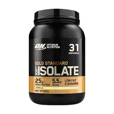Optimum Nutrition Gold Standard 100% Isolate Whey Protein Powder - Vanilla, 25g Protein, 5.5g BCAAs, Low Sugar & Fat, 31 Servings (930g)
