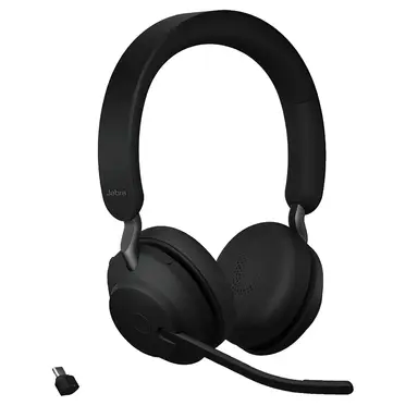 Jabra Evolve2 65 kabelloses PC-Headset mit Geräuschunterdrückung, Microsoft Teams-zertifizierte Stereo-Kopfhörer, lange Akkulaufzeit, USB-C-Bluetooth-Adapter, Schwarz