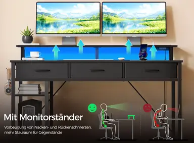 Computer-Arbeitsplatz mit USB-Anschlüssen, Stromanschlüssen, LED-Beleuchtung, Schubladen & Ablagefach, umkehrbarer Eck-Gaming-Schreibtisch mit Monitorablage & Stauraum für das Home-Office
