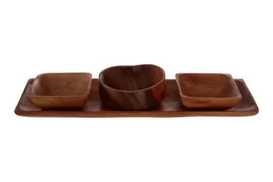 Maison by Premier Practical Acacia 3PC Serving Dish Set With Tray, Decorative Hand Carved Design Wooden Serving Dish