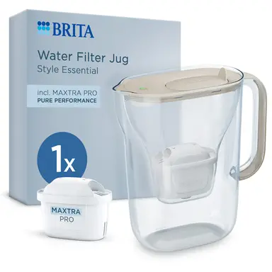 BRITA Water Filter Jug Style Essential Sand incl 1x MAXTRA PRO Pure Performance - Fridge-Fitting Design Pitcher with Smart LED-LTI and Flip-Lid Reduces Chlorine, Limescale and Impurities