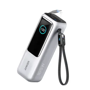 Anker Powerbank (25.000 mAh, 165 W, integriertes USB-C und einziehbares Kabel), 3 USB-C-Anschlüsse zum Laden mehrerer Geräte, für MacBook Pro, iPhone 17/16/15, Samsung und weitere