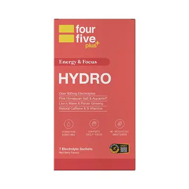 fourfive Hydro Plus Focus & Energy Hydration Powder - 900mg+ Electrolytes, with Lion's Mane, Ginseng & Caffeine, 120g
