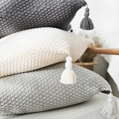 MEROPE, Cotton knit/Fringed Cushion Cover, 50x50cm, ivory, 1pack