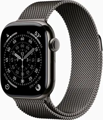 Apple Watch Series 11 GPS + Mobiel 46 mm leigrijze titanium kast met leigrijze Milanese band - M/L