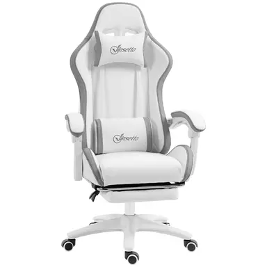 Vinsetto Computer Gaming Chair, PU Leather Office Desk Chair with Footrest, Swivel Wheels, 135° Reclining Back, Lumbar Support, Headrest for Home, White and Grey