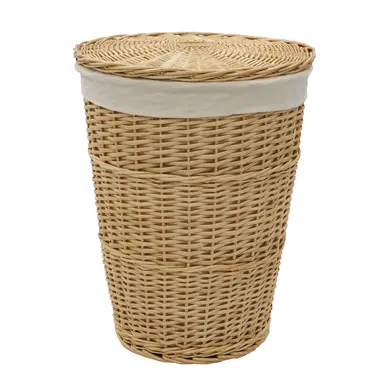 JVL Acacia Round Willow Laundry Basket with Lid - Honey Finish