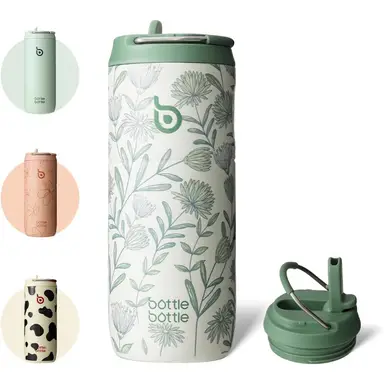 Bottle Bottle Gourde de sport en acier inoxydable avec bouchon 2-en-1 à Paille, motif floral, 500 ml