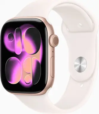 Apple Watch Series 11 GPS + Cellular 46 mm roségouden aluminium kast met lichtroze sportband - S/M