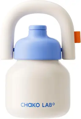 CHAKO LAB Water Bottle with Straw and Carry Handle | Wide Mouth vacuum insulated stainless steel Bottles | Reusable, leak-proof and BPA-free | 33oz(White&Blue)