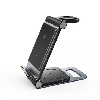 Rexsun 3 in 1 Foldable Wireless Charging Station, Aluminum Alloy Wireless Charger Stand for Multiple Apple Devices - Travel Size for iPhone, Apple Watch, AirPods, Adapter Not Included, T8, Black