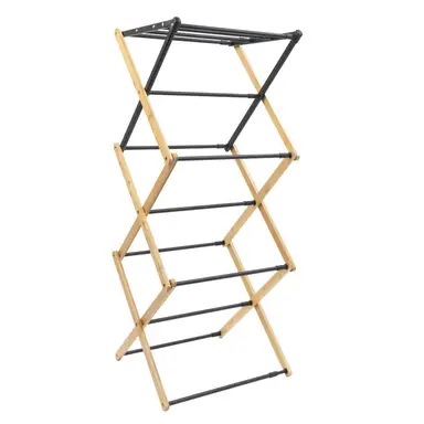 JVL Three Tier Bamboo Extendable Concertina Laundry Washing Clothes Airer - Black and Natural