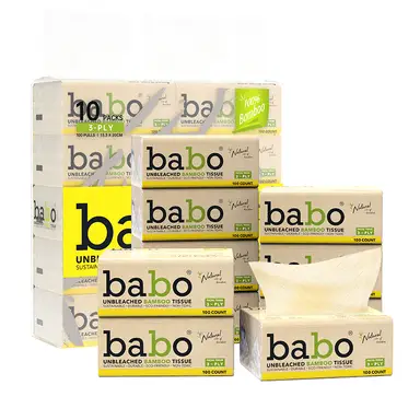 BABO Unbleached Bamboo Fiber Facial Tissues (EU Standard, Plastic Pack), 3-Ply, 133×200mm, 100 Sheets per Pack, 10 Packs per Bundle. Fluorescent-Free & Unbleached, Tear-Resistant & Lint-Free When Wet, ISEGA & HALAL Certified, Suitable for Mothers, Infants and General Household Use