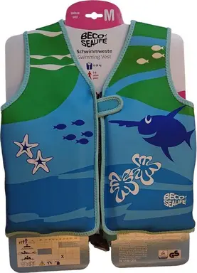 BECO-Sealife Children's Life Jacket for Ages 3-6 | Swim Learning Vest for Children 19-30 kg with Adjustable Buoyancy Pads, Leg Strap and Extended Zipper – Blue/Green
