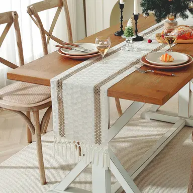 Boho Table Runner 5pcs table runner and placemat, Farmhouse Rustic Dining Kitchen Centerpiece Decor Small Macrame Woven Coffee Table Runner for Dresser Scarf Home Decor 12x72 inch*1,12.5*16.5inch*4,Brown& Ivory