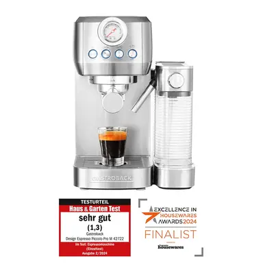 Gastroback Design Espresso Piccolo Pro M Coffee Machine, 20 Bar, 1.3 L Removable Water Tank, 700ml Milk Container - Silver, 62722