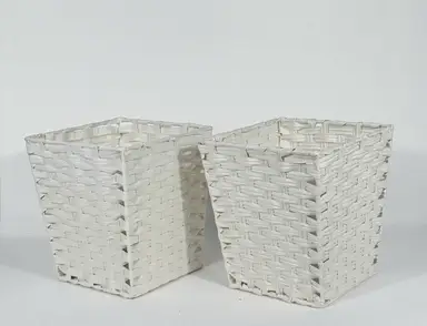 KEVAHOME SET OF 2 PP FAUX RATTAN WASTE BASKET-WHITE 10x10x11"H