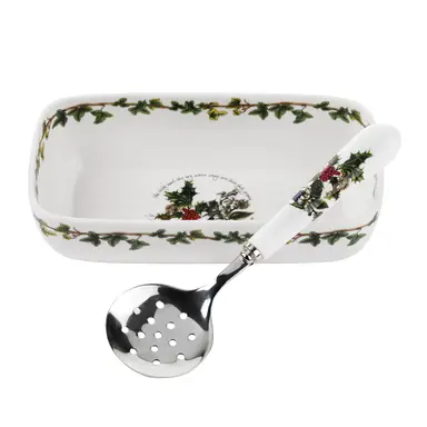 Portmeirion The Holly & The Ivy Cranberry Dish & Slotted Spoon – Boxed Set – 20 x 10cm / 8 x 4"