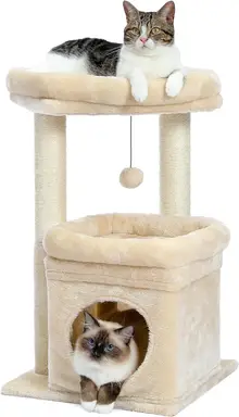 PAWZ Road Kleine Katzenstange, 42cm Mehrstock-Katzenturm mit sisalummanteltem Kratzpfahl, bequemem Katzenhaus und großem Sitzplatz für Hauskatzen, Beige