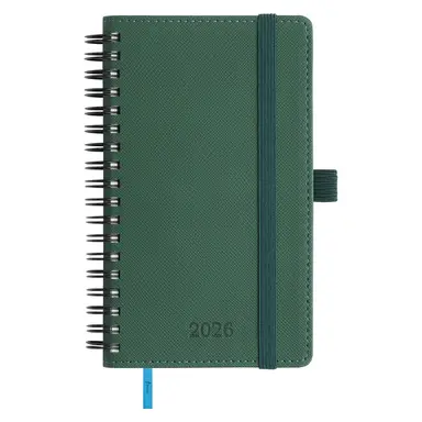 INLUXPRO Terminplaner 2026 Spiralplaner A6 (16,4 x 9,6 cm) Woche auf zwei Seiten, 6 Sprachen, wöchentliche und monatliche Planung mit Monats‑Tabs, Tasche und Ausgaben-/Notizseiten, 100 g/m² Papier, Softcover aus PU‑Leder, grün, Neujahrssale, Top‑Geschenkideen