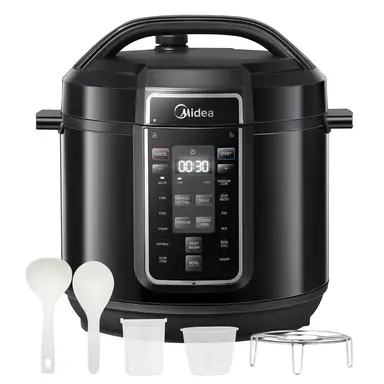 Midea 9-in-1 Schnellkochtopf elektrisch, 12 voreingestellte Programme, Instant Edelstahl-Multikocher mit Antihaft-Topf, Joghurtbereiter, Reiskocher, Slow Cooker, Anbraten, Dampfgarer, 7,6L, Schwarz