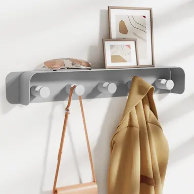 KAPANOU Coat Rack Wall Mount with Shelf-5 Hooks， Sturdy Metal Coat Hook Rail for Bathroom， Bedroom， Entryway， Versatile and Decorative Aluminum Clothes Hanger for Hanging Towels， Hats， Bag (Grey), New Year Sale , Top gift picks