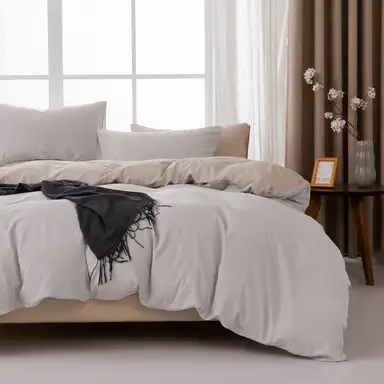 MENDALE Duvet Cover Set - Premium Bedding Set - 220*260 cm Duvet Cover with 75*50 cm Pillow Case - Soft Brushed Microfiber- Off-white & Khaki
