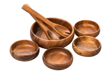 Maison by Premier Complete Acacia 7 Piece Salad Serving Set, Large 4 Bowls Wooden Salad Bowl, Hand Carved Bowl And Server Set