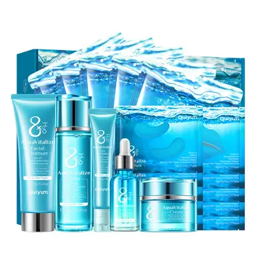 QUIYUM 8 Glasses of Water Skincare Set (20pcs): Cleanser 100g, Toner 100ml, Serum 30ml, Eye Cream 20g, Face Cream 55g, Facial Mask 25g x 5, Eye Mask 6g x 5, Lip Mask 6g x 5