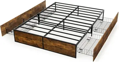 COSTWAY Double Metal Bed Frame with 4 Rolling Underbed Storage Drawers-190x120x33cm