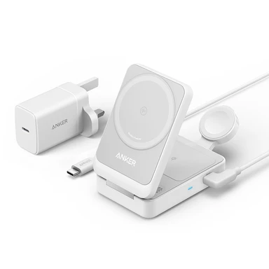 Anker MagGo kabelloses, klappbares 3-in-1-Ladegerät für tragbare Geräte: Kopfhörer, Headset, Smartphone, Smartwatch, Schnellladung (15W, Weiß)