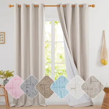 Deconovo Linen-like Full Sunscreen Fabric 8 White Grommet No Tie Curtain, 2 Pcs 132 x 214 cm Natural Color