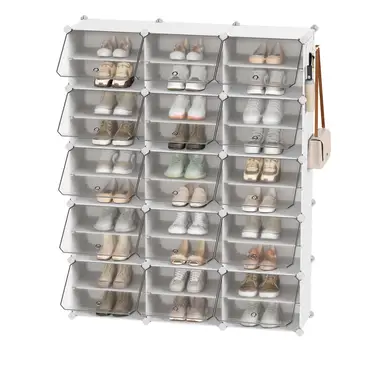 SONGMICSHOME  Modular Shoe Storage Cabinet, 12-Compartment Organiser with Doors, Plastic and Steel Frame, Entryway, White
