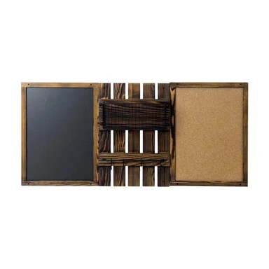 MyGift 3-Panel Wandmontiertes Eingangsbereich-Pinnwand-Kombiset mit Rustikalem Verbranntem Massivholzrahmen mit Kreidetafel, Korktafel, Schwarzem Metall-Briefkorb und Hängeschiene