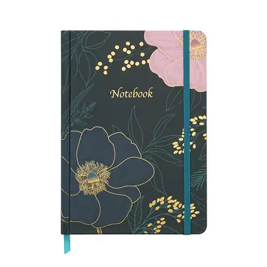 Jubiluu A5 Hardcover Notebook with Lined Pages - 96 Sheets (100g offset paper), Bookmark & Elastic Band -Classic Cream Ruled Journal for Writing, School, Office, and Gifts-Navy Gold Floral Outline